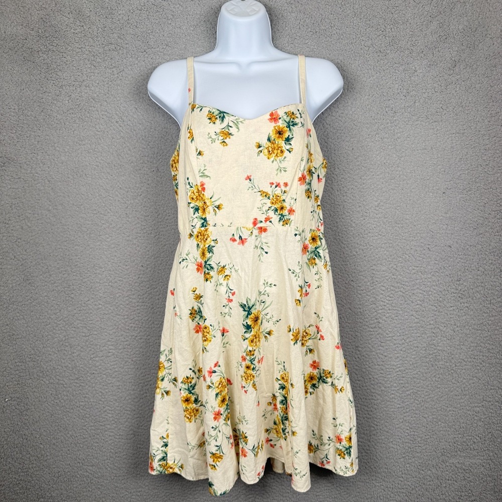 Old Navy Dress Womens M White Floral Cami Mini Sundress Linen Blend Smocked Boho